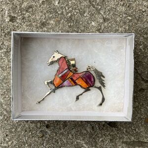 Zuni Inlay Horse Pendent Spiny Oyster on Sterling Silver
